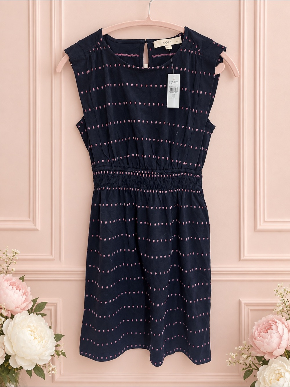 LOFT Navy/pink Dotted Stripe Dress — Size XXS Petite, NWT